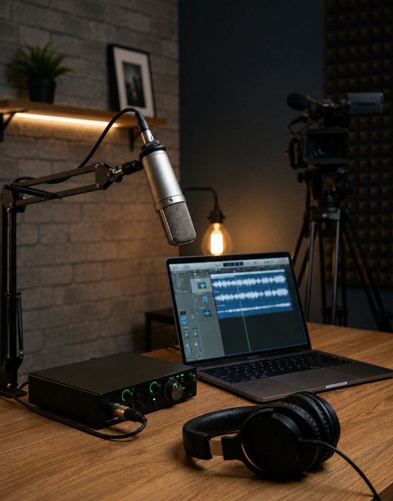 Aufnahme-Setup mit Mikrofon und Studioequipment
